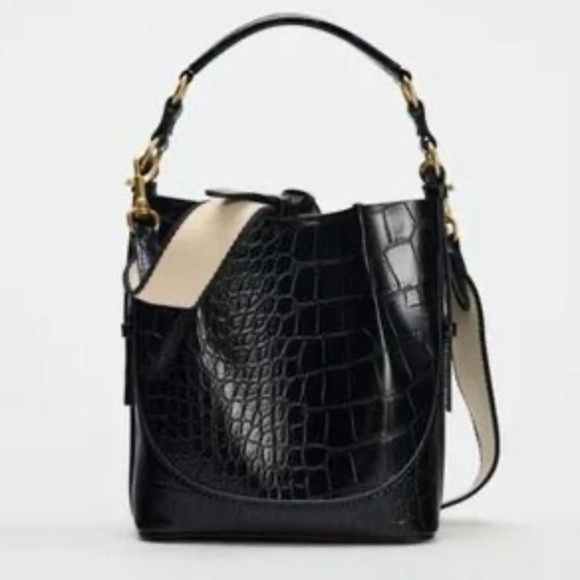 Zara NWT Black Croc-Embossed Bucket Bag - Picture 2 of 10